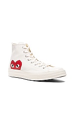 COMME des GARCONS PLAY Converse Large Emblem High Top Canvas Sneakers in White, view 2, click to view large image.