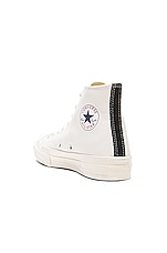 COMME des GARCONS PLAY Converse Large Emblem High Top Canvas Sneakers in White, view 3, click to view large image.