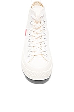 COMME des GARCONS PLAY Converse Large Emblem High Top Canvas Sneakers in White, view 4, click to view large image.