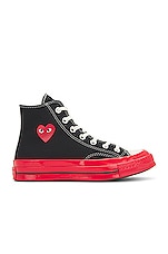 COMME des GARCONS PLAY Converse Red Sole High Top in Black, view 1, click to view large image.