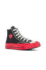 COMME des GARCONS PLAY Converse Red Sole High Top in Black, view 2, click to view large image.