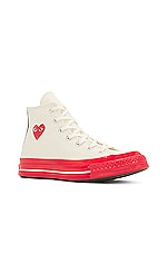 COMME des GARCONS PLAY Converse Red Sole High Top in Off White, view 2, click to view large image.