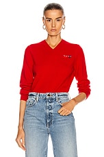 COMME des GARCONS PLAY Double Emblem V Neck Sweater in Red, view 1, click to view large image.
