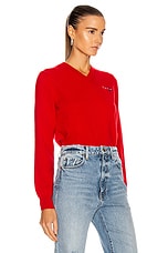 COMME des GARCONS PLAY Double Emblem V Neck Sweater in Red, view 2, click to view large image.