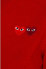 COMME des GARCONS PLAY Double Emblem V Neck Sweater in Red, view 5, click to view large image.