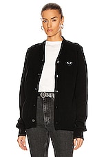 COMME des GARCONS PLAY Wool Cardigan with Black Emblem in Black, view 1, click to view large image.