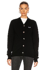 COMME des GARCONS PLAY Wool Cardigan with Black Emblem in Black, view 2, click to view large image.