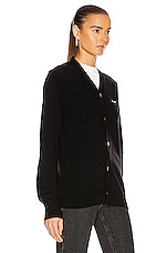 COMME des GARCONS PLAY Wool Cardigan with Black Emblem in Black, view 3, click to view large image.