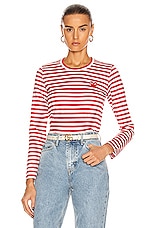 COMME des GARCONS PLAY Striped Cotton Red Emblem Tee in Red & White, view 1, click to view large image.