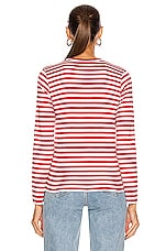 COMME des GARCONS PLAY Striped Cotton Red Emblem Tee in Red & White, view 3, click to view large image.