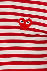 COMME des GARCONS PLAY Striped Cotton Red Emblem Tee in Red & White, view 5, click to view large image.