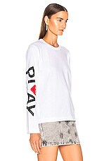 COMME des GARCONS PLAY Long Sleeve Logo Emblem Tee in White, view 2, click to view large image.