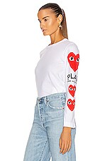 COMME des GARCONS PLAY Long Sleeve Logo Emblem Tee in White, view 3, click to view large image.