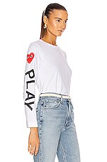 COMME des GARCONS PLAY Long Sleeve Logo Emblem Tee in White, view 2, click to view large image.