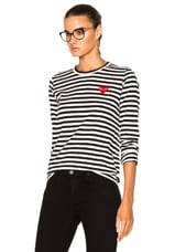COMME des GARCONS PLAY Cotton Red Emblem Stripe Tee in Black & White, view 2, click to view large image.