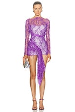 Christopher Esber Encased Beaded Ivy Lace Long Sleeve Mini Dress in Grape, view 1, click to view large image.