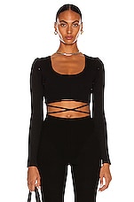 Christopher Esber Deconstruct Long Sleeve Knit Tie Crop Top in Black, view 1, click to view large image.