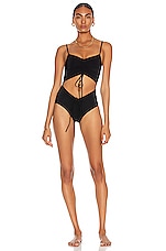 Christopher Esber Ruched Disconnect Swimsuit in Black, view 1, click to view large image.