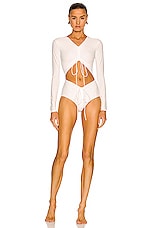 Christopher Esber Ruched Disconnect Swimsuit in White, view 1, click to view large image.
