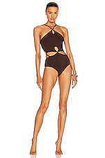 Christopher Esber Looped Halter Swimsuit in Mahogany, view 1, click to view large image.