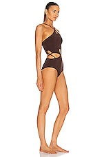 Christopher Esber Looped Halter Swimsuit in Mahogany, view 2, click to view large image.