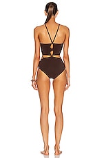 Christopher Esber Looped Halter Swimsuit in Mahogany, view 3, click to view large image.