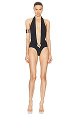 Christopher Esber Pierced Orbit Halter Swimsuit in Black, view 1, click to view large image.