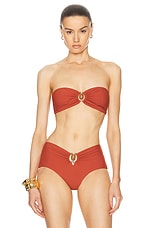 Christopher Esber Ruched Prong Bandeau Bikini Top in Brick, view 2, click to view large image.