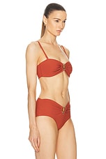 Christopher Esber Ruched Prong Bandeau Bikini Top in Brick, view 3, click to view large image.
