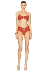 Christopher Esber Ruched Prong Bandeau Bikini Top in Brick, view 5, click to view large image.