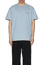 Carhartt WIP Short Sleeve American Script T-shirt in Frosted Blue, view 4, click to view large image.