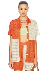 Calle Del Mar For Fwrd Two Tone Short Sleeve Patchwork Shirt in Tomato & Jasmine, view 1, click to view large image.