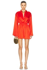 CAROLINE CONSTAS Aesha Bell Sleeve Mini Shirt Dress in Madder Red, view 1, click to view large image.