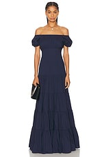 CAROLINE CONSTAS Larissa Off Shoulder Tiered Empire Maxi Dress in Navy, view 1, click to view large image.