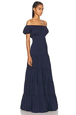 CAROLINE CONSTAS Larissa Off Shoulder Tiered Empire Maxi Dress in Navy, view 2, click to view large image.