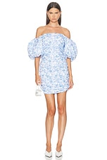 CAROLINE CONSTAS Bekah Bubble Sleeve Ruched Mini Dress in Marina Toile, view 1, click to view large image.