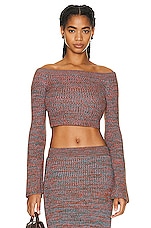 Chloe Off the Shoulder Long Sleeve Sweater in Multicolor Blue 1, view 1, click to view large image.