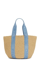 Chloe Woody Raffia Tote Bag in Washed Blue, view 1, click to view large image.