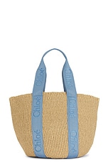 Chloe Woody Raffia Tote Bag in Washed Blue, view 2, click to view large image.