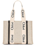 Chloe Medium Woody Tote Bag in White & Blue, view 1, click to view large image.