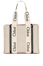 Chloe Medium Woody Tote Bag in White & Blue, view 3, click to view large image.