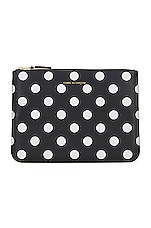 COMME des GARCONS Dots Printed Leather Pouch in Black, view 1, click to view large image.