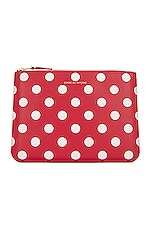 COMME des GARCONS Dots Printed Leather Pouch in Red, view 1, click to view large image.