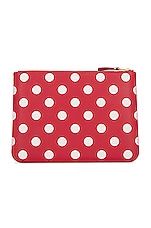 COMME des GARCONS Dots Printed Leather Pouch in Red, view 2, click to view large image.