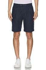 Club Monaco Pleated Linen Short in Navy Base, view 3, click to view large image.