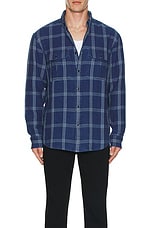 Club Monaco Relaxed Indigo Twill Shirt Jacket in Medium Denim, view 3, click to view large image.