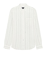 Club Monaco Long Sleeve Wide Stripe Linen Shirt in White & Black, view 1, click to view large image.