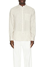 Club Monaco Long Sleeve Solid Linen Shirt in Natural, view 3, click to view large image.