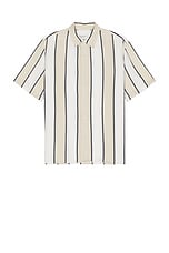 Club Monaco Short Sleeve Cabana Stripe Shirt in Khaki Stripe, view 1, click to view large image.