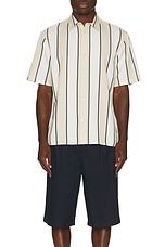 Club Monaco Short Sleeve Cabana Stripe Shirt in Khaki Stripe, view 3, click to view large image.